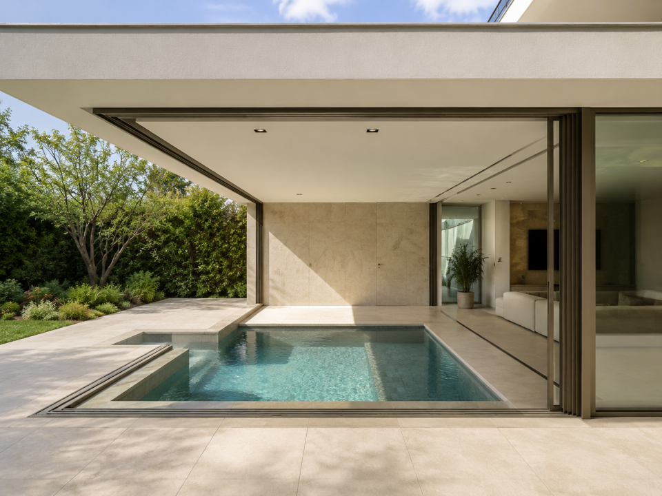 piscina con fondo mobile all'esterno di una villa